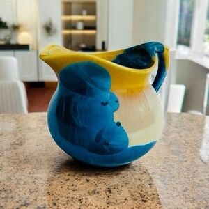 Crystalline Glaze Art Pottery Blue Yellow Small Pitcher Collectible Home Decor
